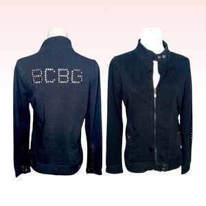 BCBGMAXAZRIA Embellished Black Zip Up Moto Sweater (Sz S)